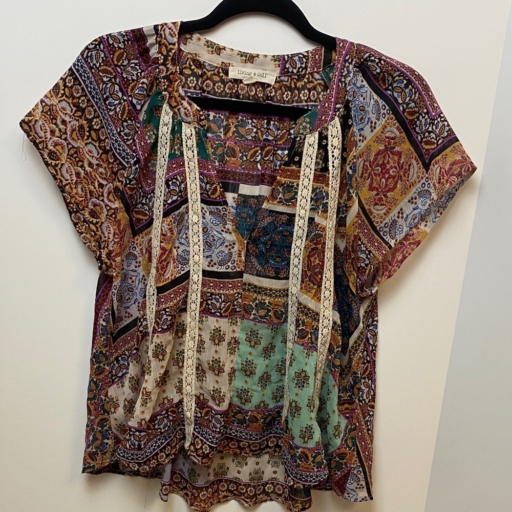 Living Doll Multicolor Patchwork Blouse high low hem top